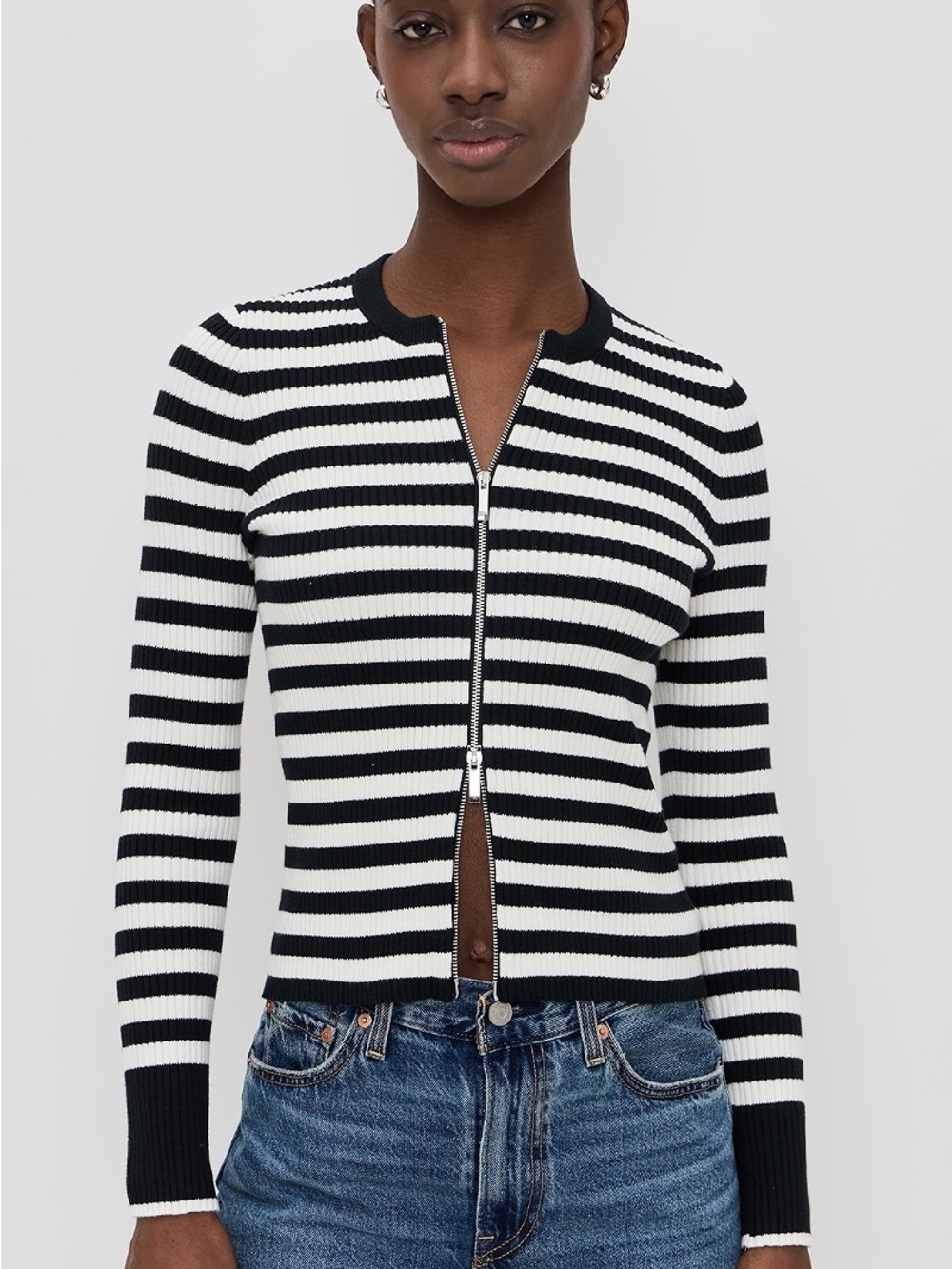 Madewell Black & Cream Striped Ribbed Two-Way Zip Cardigan Size M